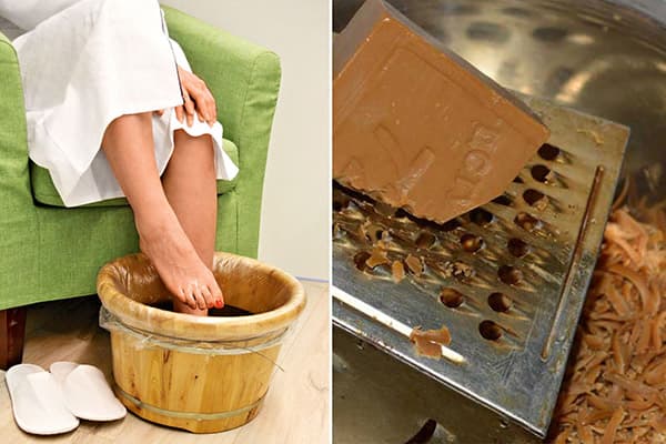 Bain de pieds avec du savon à lessive