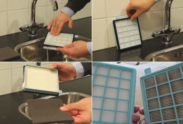 Rinçage d'un filtre d'aspirateur sale