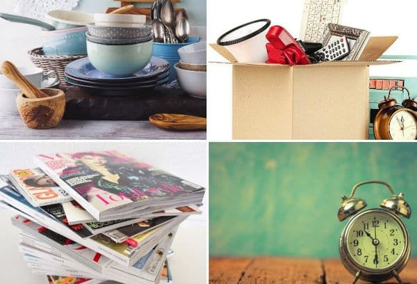 Vieux journaux, vaisselle, montres et choses